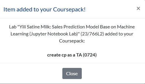 Message of successfully adding a lab to a Coursepack